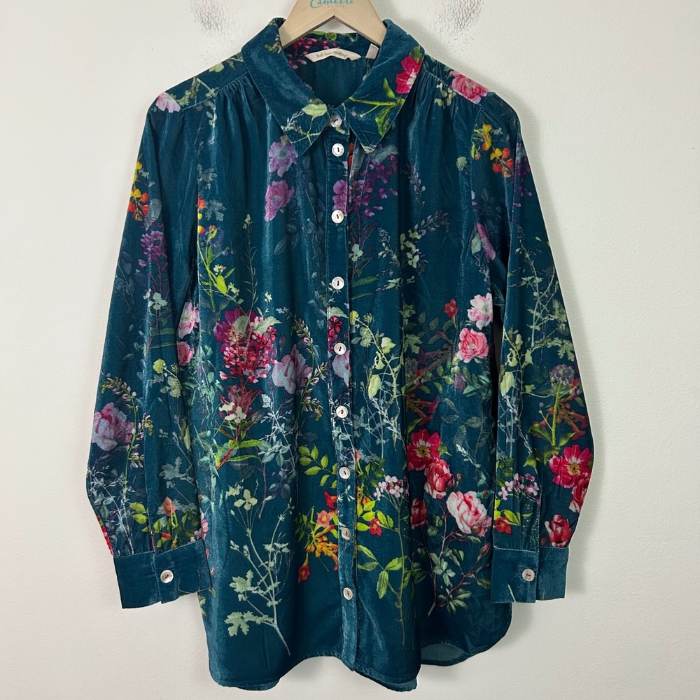 Soft Surroundings Large Teal Floral Velvet Button Down Shirt Tunic Velour